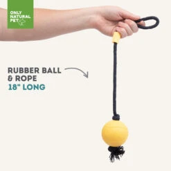 Only Natural Pet Natural Rubber Bond Building Fetch And Tug Dog Toys -Pet Sales Store YellowBallandRopeSizeInfographic